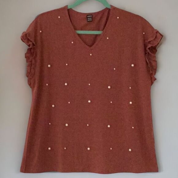 SHEIN NEW WOMENS PEARLS BEADED BATWING SLEEVES TEE SHIRT REDWOOD COLIR LARGE - Picture 6 of 6